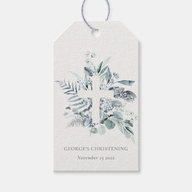 Rustic Eucalyptus Fern Foliage Kor Christening Presentetikett (Framsidan)