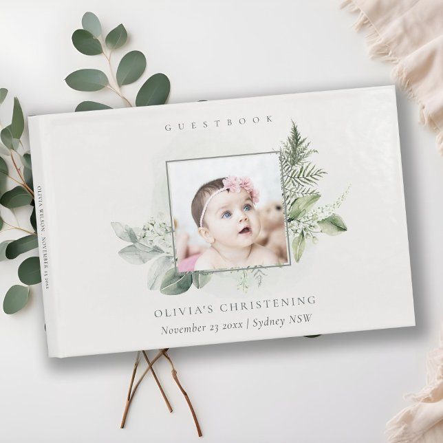 Rustic Eucalyptus Fern Foliage Photo Christening Gästböcker (Skapare uppladdad)