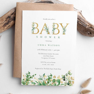 Rustic Eucalyptus Golden Brev Baby Shower Inbjudningar
