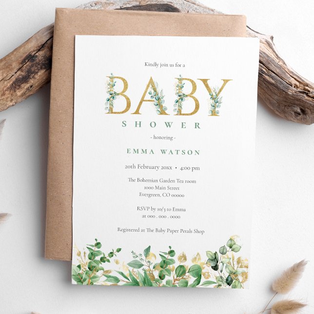 Rustic Eucalyptus Golden Brev Baby Shower Inbjudningar (Skapare uppladdad)