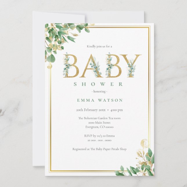 Rustic Eucalyptus Golden Brev ram Baby Shower Inbjudningar (Framsida)