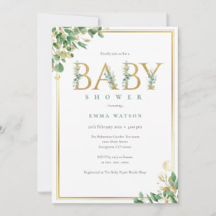 Rustic Eucalyptus Golden Brev ram Baby Shower Inbjudningar