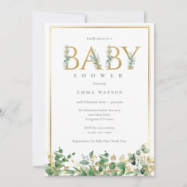 Rustic Eucalyptus Golden Brev ram Baby Shower Inbjudningar (Framsida)