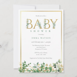 Rustic Eucalyptus Golden Brev ram Baby Shower Inbjudningar