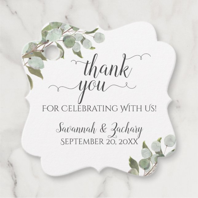 Rustic Eucalyptus & Greenery Bröllop Tack Gåvor Etiketter (Framsida)