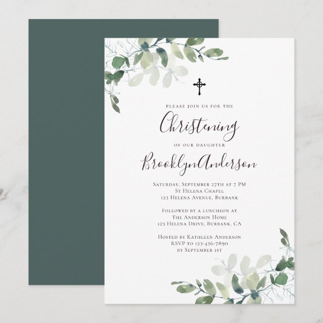 Rustic Eucalyptus Greenery Christening-inbjudan Inbjudningar (Fram/baksida)