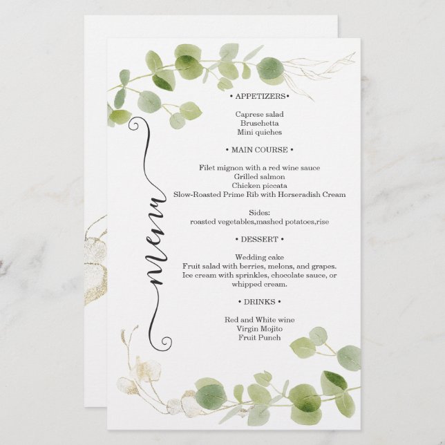 Rustic Eucalyptus Greenery Gold Chic Wedding Menu (Fram/baksida)