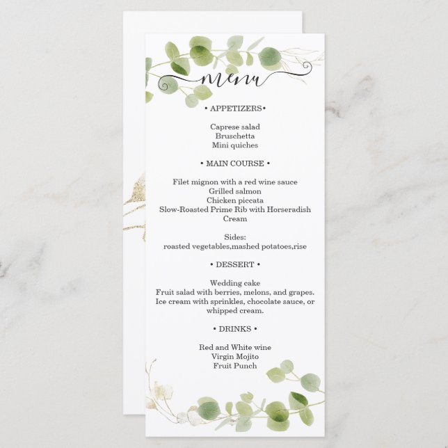 Rustic Eucalyptus Greenery Gold Wedding Reception Meny (Fram/baksida)