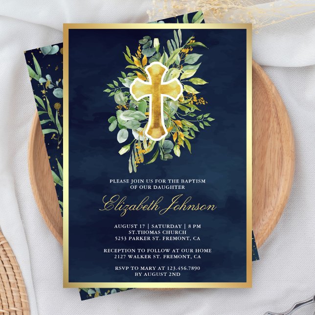 Rustic Eucalyptus Greenery Navy Blue Guld Baptism Inbjudningar (Skapare uppladdad)