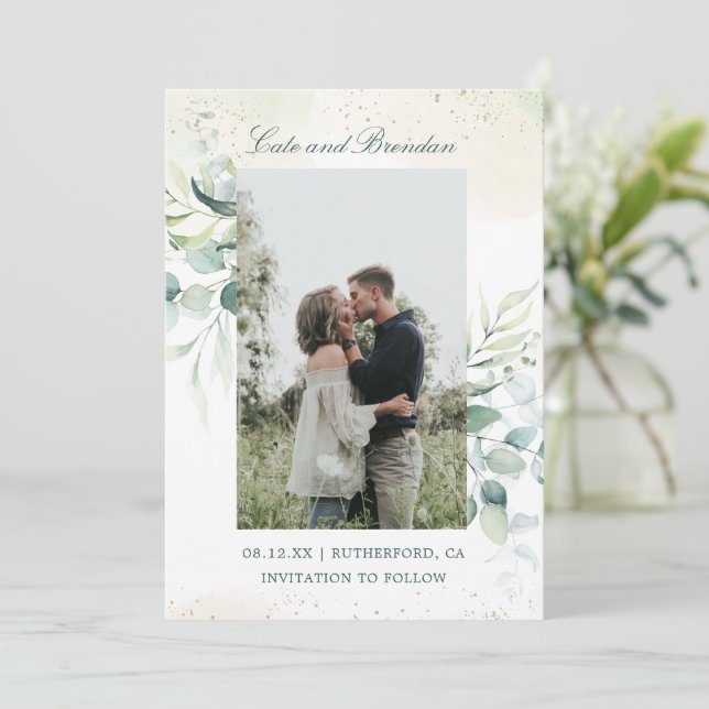 Rustic Eucalyptus Greenery Photo Elegant bröllop Spara Datumet (Stående Fram)