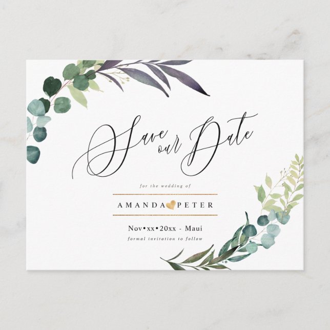 Rustic Eucalyptus, Greenery Save the Date Vykort (Framsida)