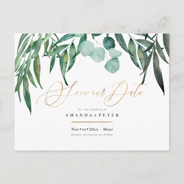 Rustic Eucalyptus, Greenery Save the Date Vykort (Framsida)