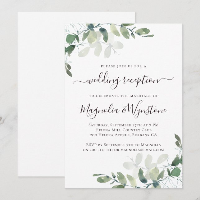 Rustic Eucalyptus Greenery Wedding Reception Invit Inbjudningar (Fram/baksida)