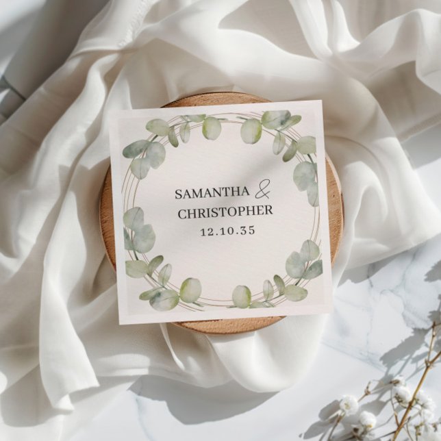 Rustic Eucalyptus Grönt & Guld Bröllop Pappersservett (Skapare uppladdad)