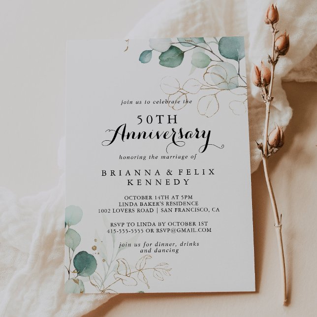 Rustic Eucalyptus Guld 50-årsjubileum för bröllop Inbjudningar (Skapare uppladdad)