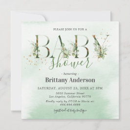 Rustic Eucalyptus Guld Baby Shower Inbjudningar