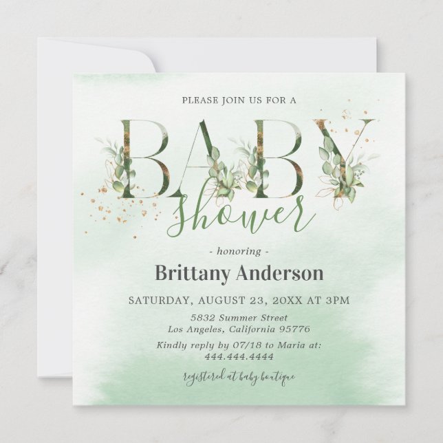 Rustic Eucalyptus Guld Baby Shower Inbjudningar (Framsida)