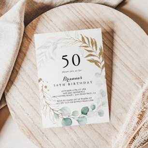 Rustic Eucalyptus Guld Blommigt 50 Födelsedagsfest Inbjudningar