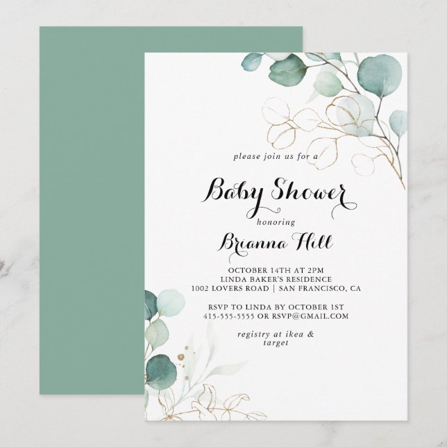 Rustic Eucalyptus Guld Blommigt Baby Shower Inbjudningar (Fram/baksida)