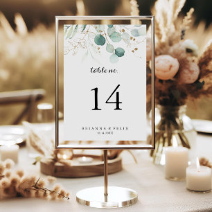Rustic Eucalyptus Guld Blommigt Calligraphy Bröllo Bordsnummer
