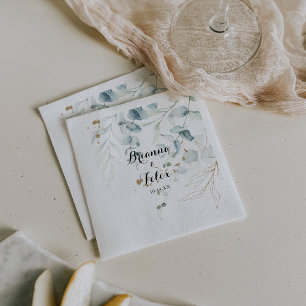 Rustic Eucalyptus Guld Blommigt Calligraphy Bröllo Pappersservett