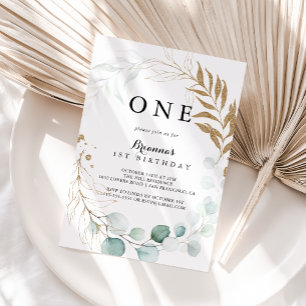 Rustic Eucalyptus Guld Blommigt Första Födelsedags Inbjudningar