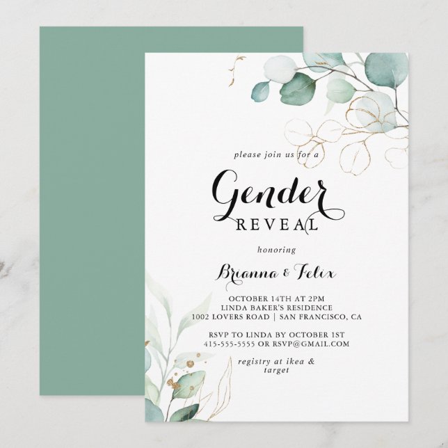 Rustic Eucalyptus Guld Blommigt Gender Reveal Part Inbjudningar (Fram/baksida)