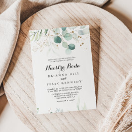Rustic Eucalyptus Guld Blommigt Nuestra Boda Bröll Inbjudningar