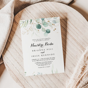 Rustic Eucalyptus Guld Blommigt Nuestra Boda Bröll Inbjudningar