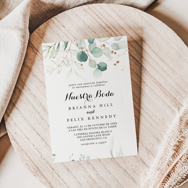Rustic Eucalyptus Guld Blommigt Nuestra Boda Bröll Inbjudningar (Skapare uppladdad)