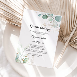Rustic Eucalyptus Guld Blommigt Quinceañera Inbjudningar
