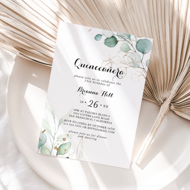 Rustic Eucalyptus Guld Blommigt Quinceañera Inbjudningar (Skapare uppladdad)