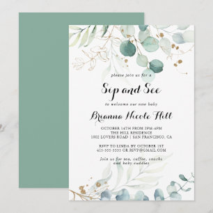 Rustic Eucalyptus Guld Blommigt Sip och se Inbjudningar