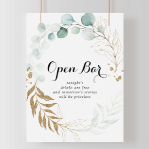 Rustic Eucalyptus Guld Bröllop Open Pub-tecken Poster