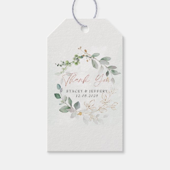 Rustic Eucalyptus Guld Calligraphy Bröllop Presentetikett (Framsidan)