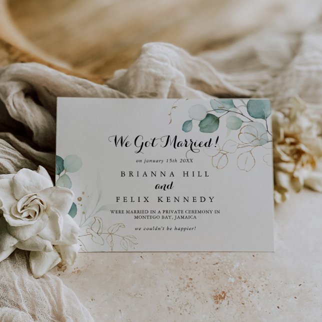 Rustic Eucalyptus Guld Calligraphy Elopement Meddelande (Skapare uppladdad)