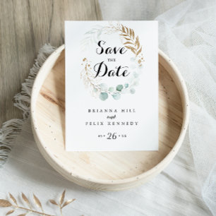 Rustic Eucalyptus Guld Calligraphy Save the Date Vykort