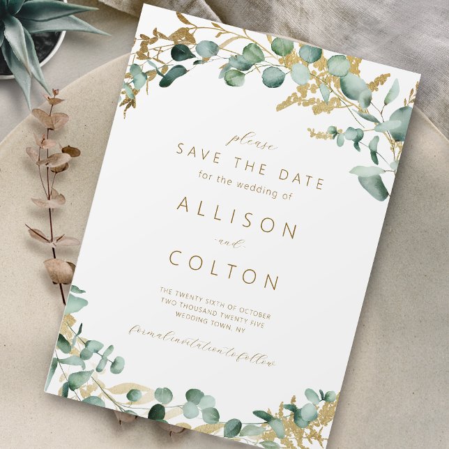 Rustic eucalyptus guld greenery boho, spara datume spara datumet (Rustic eucalyptus gold greenery boho save the date)