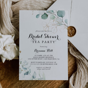 Rustic Eucalyptus Guld Möhippa Tea Party Inbjudningar