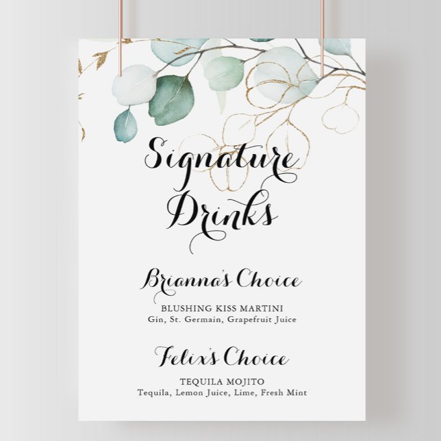Rustic Eucalyptus Guld Namnteckning Drinks-tecken Poster (Skapare uppladdad)