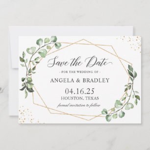 Rustic Eucalyptus Lämnar Geometric Save the Date Inbjudningar