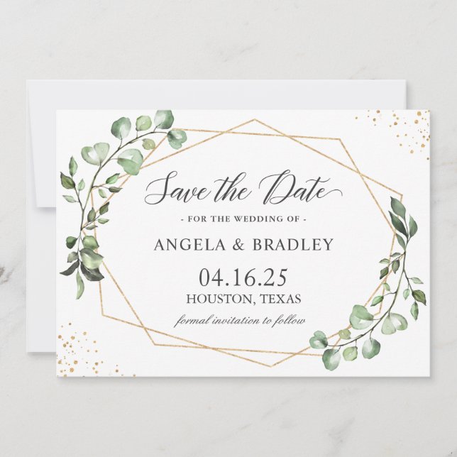 Rustic Eucalyptus Lämnar Geometric Save the Date Inbjudningar (Framsida)