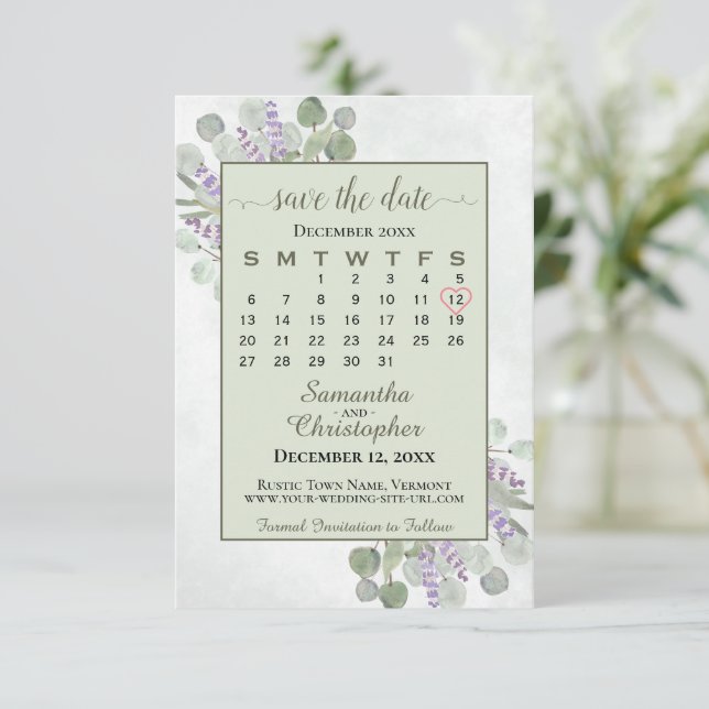 Rustic Eucalyptus Lavender Calendar Grönt Bröllop Spara Datumet (Stående Fram)