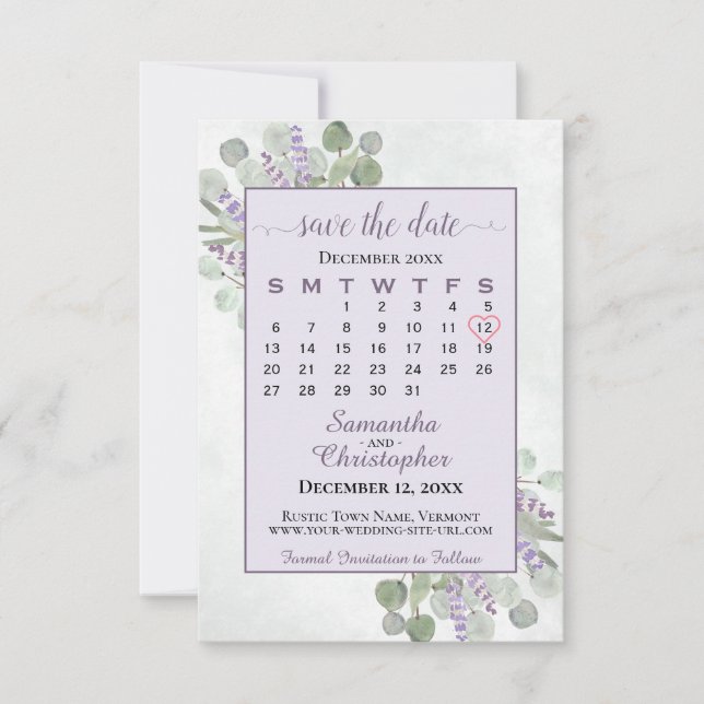 Rustic Eucalyptus Lavender Calendar Lila Bröllop Spara Datumet (Framsida)