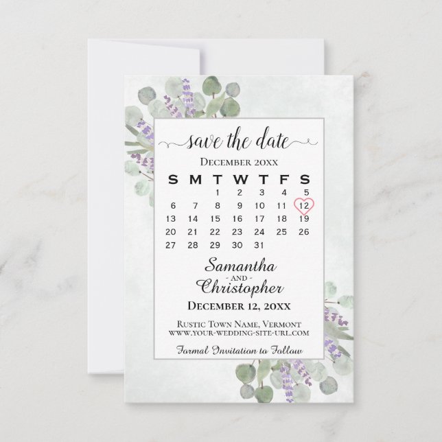 Rustic Eucalyptus Lavender Calendar White Bröllop Spara Datumet (Framsida)