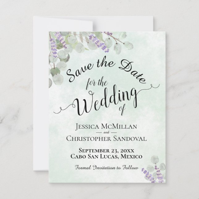 Rustic Eucalyptus & Lavender Elegant Mint Bröllop Spara Datumet (Framsida)