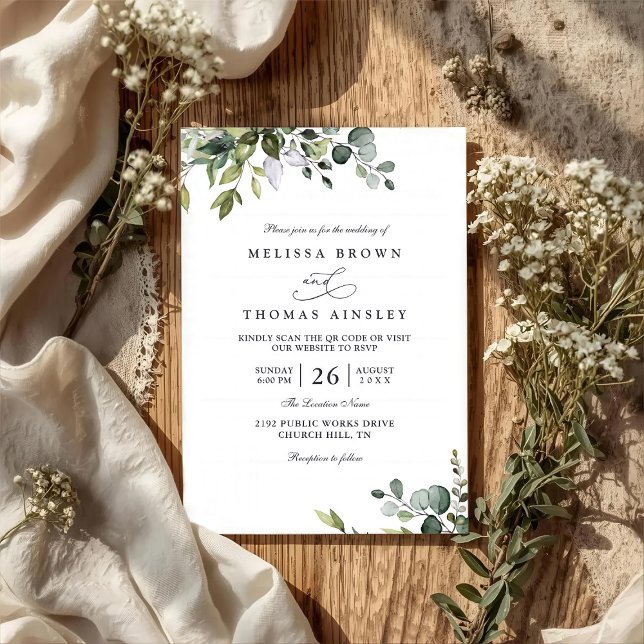 Rustic Eucalyptus Leaves Greenery QR Code Wedding Inbjudningar (Skapare uppladdad)