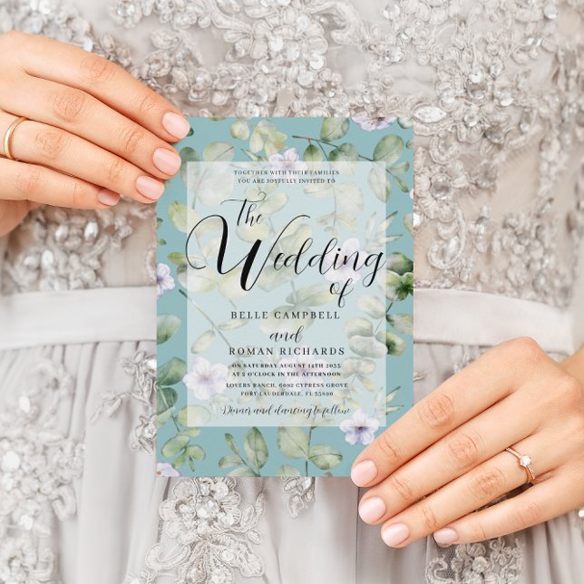 Rustic Eucalyptus Lila & Teal Blommigt Bröllop Inbjudningar (Skapare uppladdad)