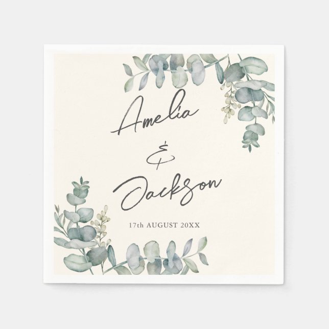 Rustic Eucalyptus Sage Grönt Bröllop Napkins Pappersservett (Framsidan)
