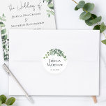 Rustic Eucalyptus Wedding Stickers Runt Klistermärke<br><div class="desc">Anpassa dina egna rustika bröllopsmärken med namnen av bruden och brudgummen plus deras bröllop-datum. Vacker,  rustik,  handmålad eukalyptus löv och botaniskt löv i sage,  grönt och dammblått. Se vår samling för vackraste design på temat bröllop. Rustik eukalyptus Wedding Stickers.</div>